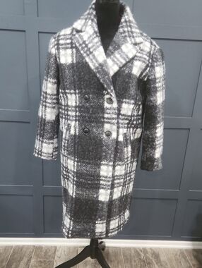 Classic Black & White Plaid Double-Breasted Pea Coat
